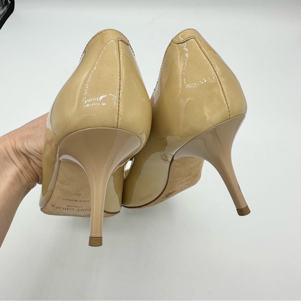 Jimmy Choo peep toe pumps tan patent leather medium heel - Picture 10 of 15